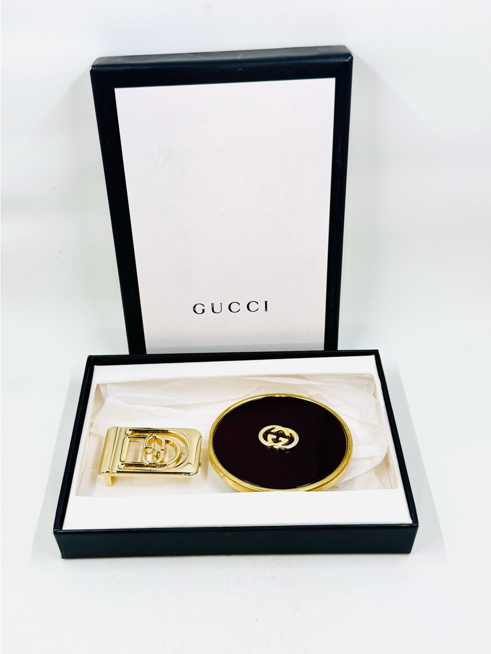 Vintage Gucci Gold Tone Dark Brown Enamel Compact Case & Belt Buckle W/Gift Box
